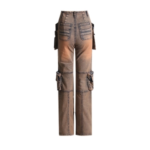 Rear view of washed high-waist cargo jeans with large pockets and vintage brown finish