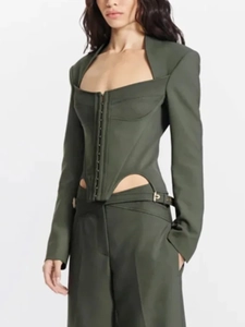 Fashionable olive green corset blazer jacket with structured waist cut-outs and trousers