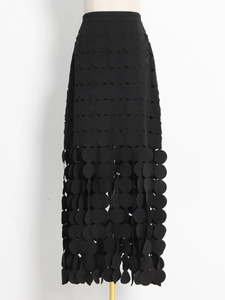 Women's chic black midi skirt with hollow polka dot scale design and slimming fringe silhouette