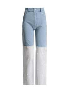 High-waist straight leg light blue denim jeans with luxury silver rhinestone patchwork