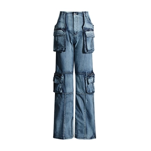 Detail view of washed blue cargo jeans featuring utility pockets and zip accents