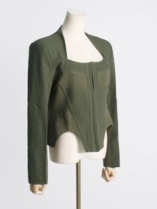 Deep green square neck top with fishbone waist and structured long sleeves design