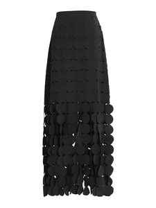 Slim fit black midi skirt with geometric laser cut circles and fringe hem detail