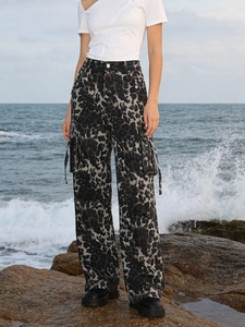 Women Streetwear Leopard Print Cargo Pants High Waist Multi Pocket Loose Straight Leg Cotton Blend Trousers Casual Pant