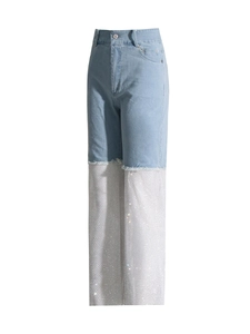 High waist straight jeans featuring light blue denim with rhinestone mesh patchwork details