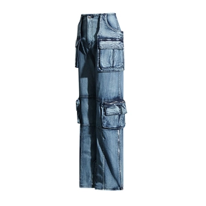 Detail of washed cargo jeans featuring 3D flap pockets and side hem metal zippers