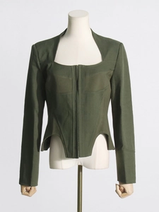 Deep green corset-style short jacket with square neckline and irregular fishtail hem