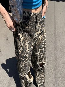 Women Vintage Leopard Print High Waist Wide Leg Jeans Ripped Distressed Straight Denim Pants Streetwear Retro Trousers