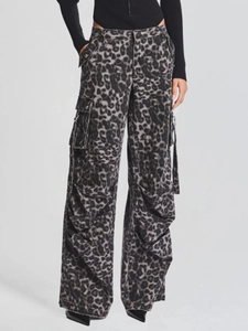 Women's leopard print high-waisted cargo pants with multi-pockets in grey and black tones