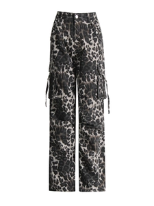 Women's leopard print cargo pants with large side pockets and loose straight cut style
