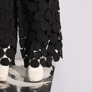 Detail shot of black high waist pants featuring intricate hexagonal cutout mesh texture