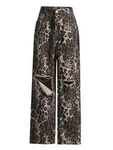 Retro high-waisted leopard print wide-leg jeans with distressed knee holes for women