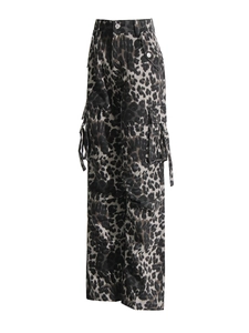 Women's leopard print high-waisted cargo pants with multiple pockets and buckled straps