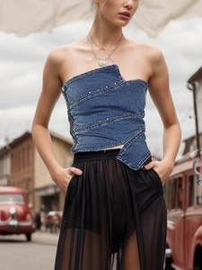 Sexy slim denim tube top with irregular patchwork and gold rivet details for women