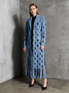 Women Fashion Hollow Out Denim Trench Coat Long Sleeve Geometric Laser Cut Tassel Jacket Street Style Blue Long Coat