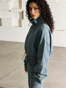 Women's Cropped Washed Denim Utility Jacket Loose Fit Stand Collar Drawstring Hem Zip Up Streetwear Outerwear Spring Autumn