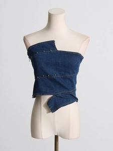 Slim fit dark blue denim tube top with irregular cut and decorative metal rivets