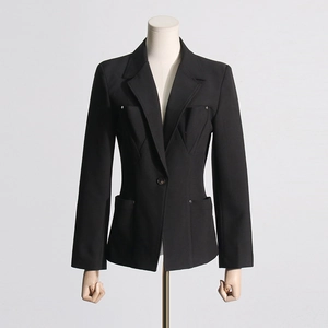Detail view of black slim fit blazer showing notched lapels and metallic button pockets