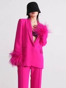 Women's rose pink suit with sequined lapels and ostrich feather cuffs for spring fashion