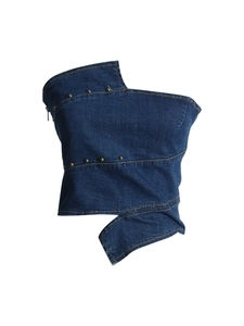 Slim fit dark blue denim tube top with asymmetric neckline and gold rivets