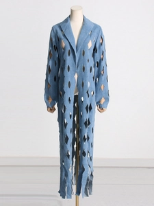 Long light blue denim trench coat with hollow diamond cut-outs and classic lapel