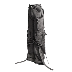 Detail of dark grey cargo jeans with multi-pocket design and decorative long straps