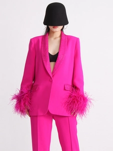 Pink women's blazer set with rhinestone lapel and ostrich feather cuffs in premium style