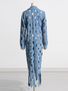 Long denim trench coat in light blue with hollow diamond cut-outs and frayed hem design