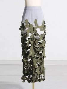 Army green maxi skirt featuring irregular 3D laser cut hollow out camo patchwork design