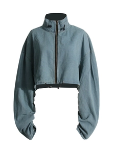Short washed blue denim jacket for women with high collar and black drawstring details
