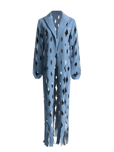 Chic light blue denim trench coat featuring laser-cut hollow diamond patterns and long length
