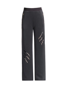 Modische dunkelgraue Hose mit weitem Bein, Cut-out-Design und Strassstein-Verzierung