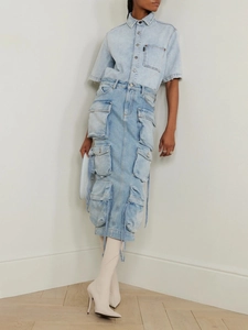 Women High Waist Cargo Washed Denim Midi Skirt Vintage Multi Pocket Slimming Streetwear Casual A-Line Long Jean Skirt