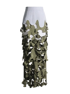 Army green high waist long skirt with unique camouflage hollow leaf patchwork design