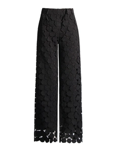 High waist wide leg black trousers featuring unique 3D hollow honeycomb embroidery texture