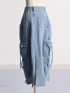 Light blue cargo denim maxi skirt with utility pockets and high waist design