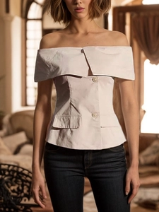 Haut Khaki Élégant Épaule Nue pour Femme Blouse Style Corset Péplum Slim Fit avec Boutons Poches Chemise Mode Décontractée