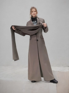 Women Long Blazer Coat Integrated Scarf Design Slim Fit Single Breasted Suit Jacket Street Style Long Sleeve Outerwear