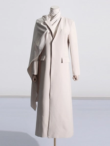 Minimalist beige long blazer coat with matching scarf design and flap pockets
