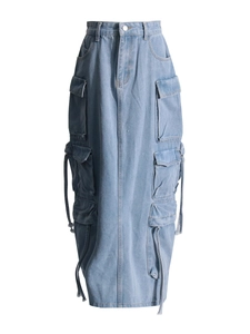 High-waisted cargo denim maxi skirt in light blue with multiple pockets and ribbons