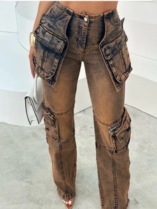Women Retro Acid Wash Multi Pocket Cargo Pants High Waist Straight Leg Streetwear Jeans Vintage Washed Denim Trousers