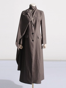 Brown long wool coat with blazer collar and matching shoulder shawl detail