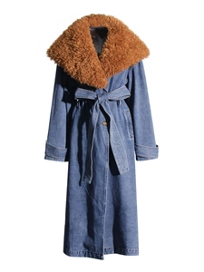 Long denim trench coat with detachable brown fur collar and adjustable waist belt