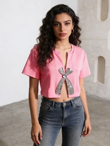 Women Short Sleeve Pink Crop Top Rhinestone Bowknot Decor Round Neck T-Shirt Elegant Commuter Sparkling Fashion Summer Slim Top