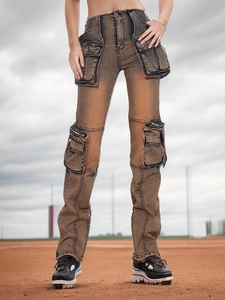 Vintage washed multi-pocket cargo pants in brown orange with a street fashion style