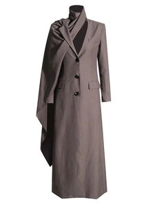 Fashionable taupe long blazer for women featuring an integrated scarf and button design