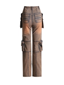Vintage rust orange multi-pocket cargo jeans with high waist and wide-leg design