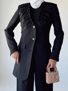 Elegant black mid-length slim-fit blazer with pleated satin collar and V-neckline