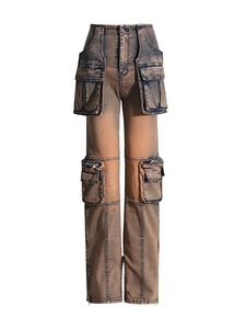 Washed multi-pocket cargo pants with vintage high-waist design and zippered cuffs