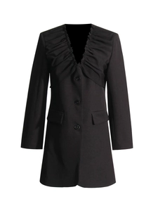 Elegant black long-sleeved V-neck blazer dress with ruffled collar and button detail
